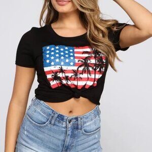Small Windsor Black Front-Tie Crop‎ Top with American Flag Logo